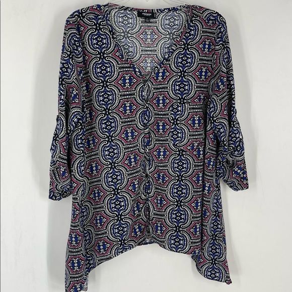 PREMISE STUDIO women’s shark tail top, blouse, plus size 2X, colorful print - Picture 1 of 7
